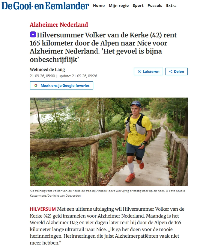 Publicatie in De Gooi- en Eemlander over Volkers 100 mijl voor Alzheimer